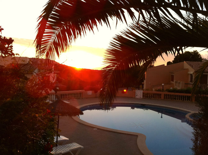 Sunset Mallorca. Solnedgång i Santa Ponca i vackra Kings Park på Mallorca